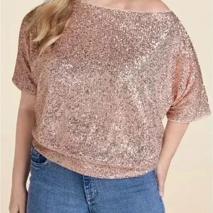 VENUS Rose Gold Sequin Blouse Size 1X Micro Sequin Ragland Sleeve